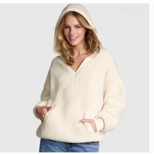 PINK VICTORIA'S SECRET COZY SHERPA FLEECE VARSITY PULLOVER HOODIE IVORY SZ L